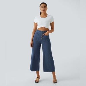 HALARA Flex Denim Button Front Wide Leg Cropped Capri Blue Jeans Women’s S NWT